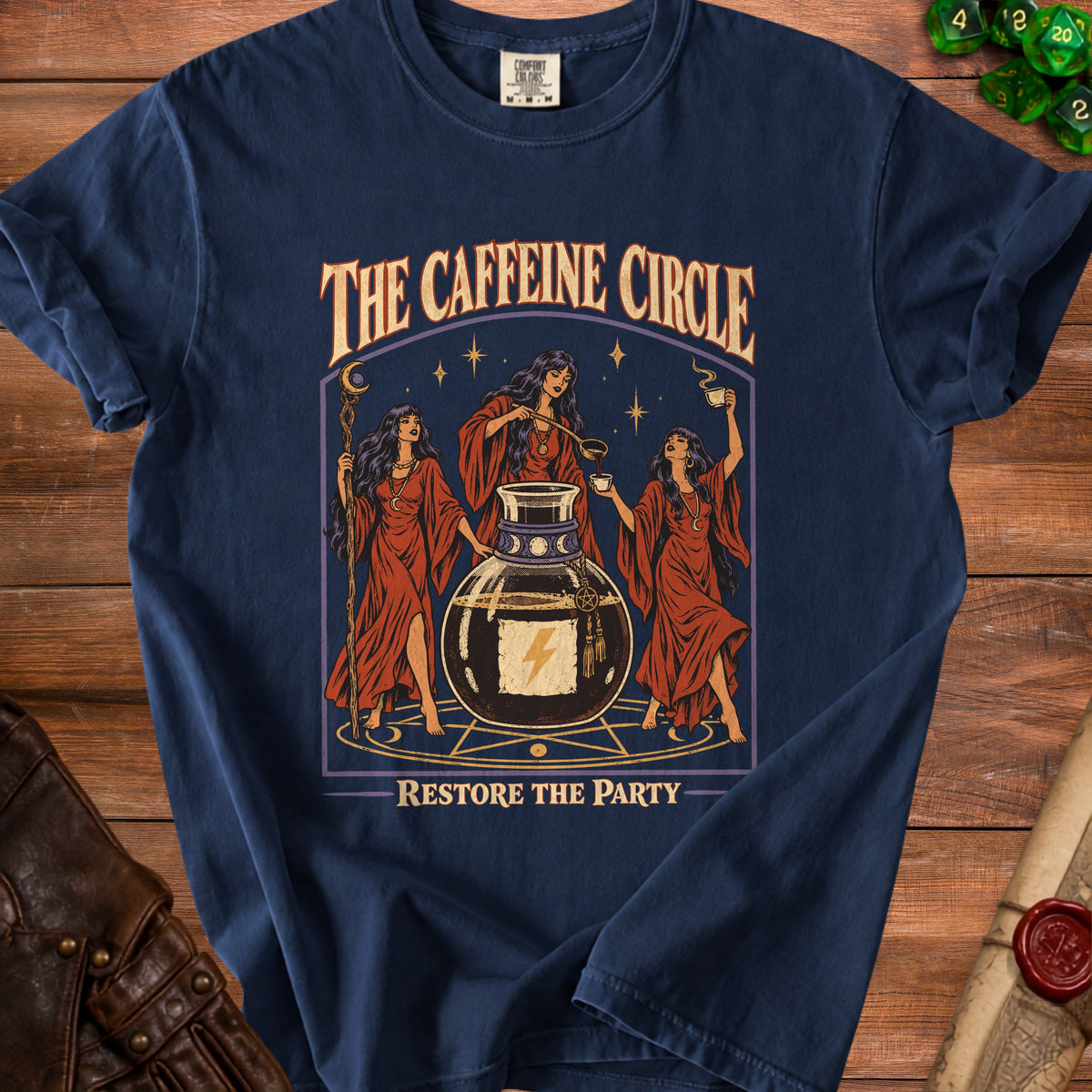 Dark blue t-shirt with "The Caffeine Circle" and "Restore The Party" text.