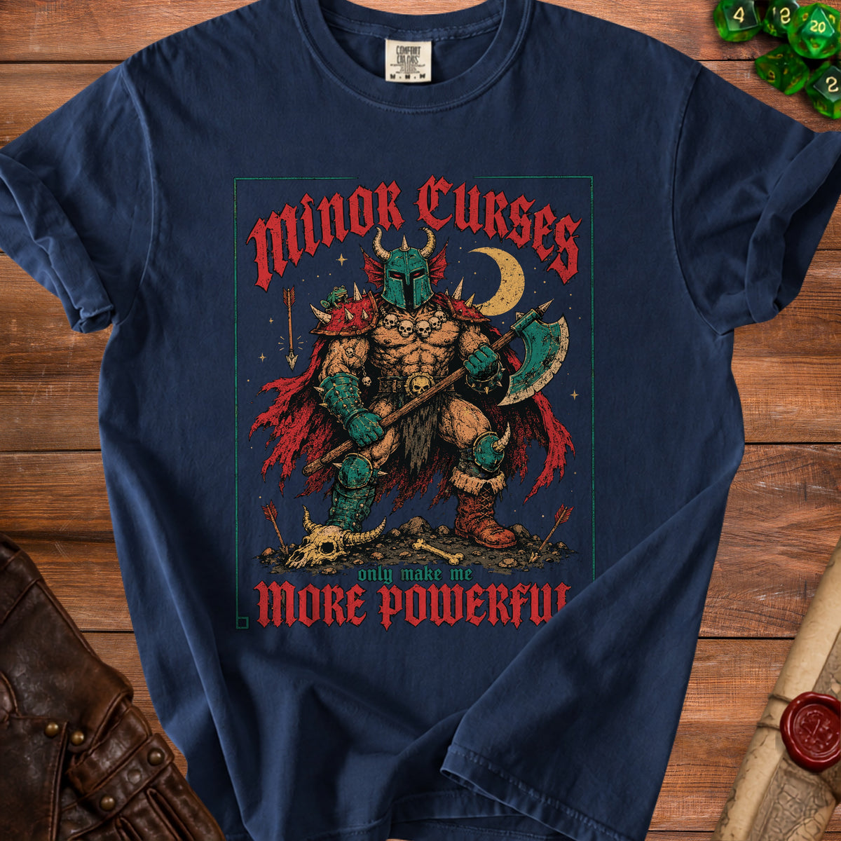 Dark blue t-shirt with a graphic of a barbarian warrior, moon, and text.