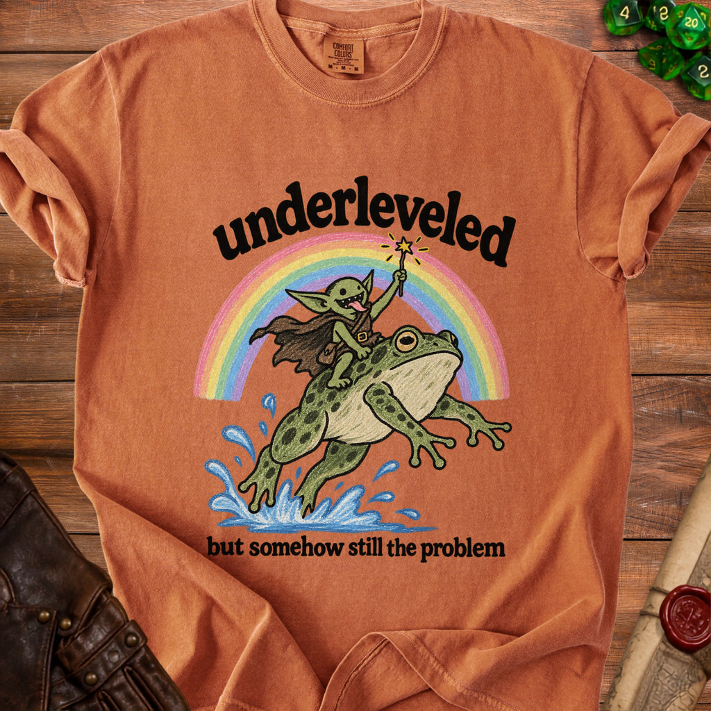 Goblin riding frog under rainbow, text "underleveled but somehow still the problem".