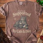 T-shirt with a cat and dice graphic saying "Emotionally Supported By Cats & Dice".