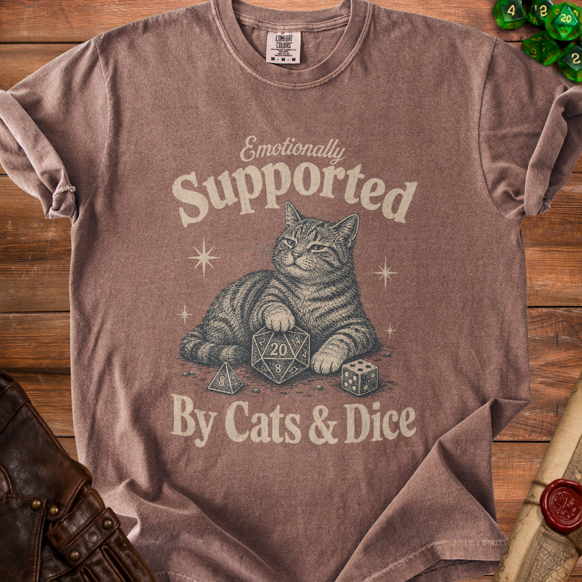 T-shirt with a cat and dice graphic saying "Emotionally Supported By Cats & Dice".