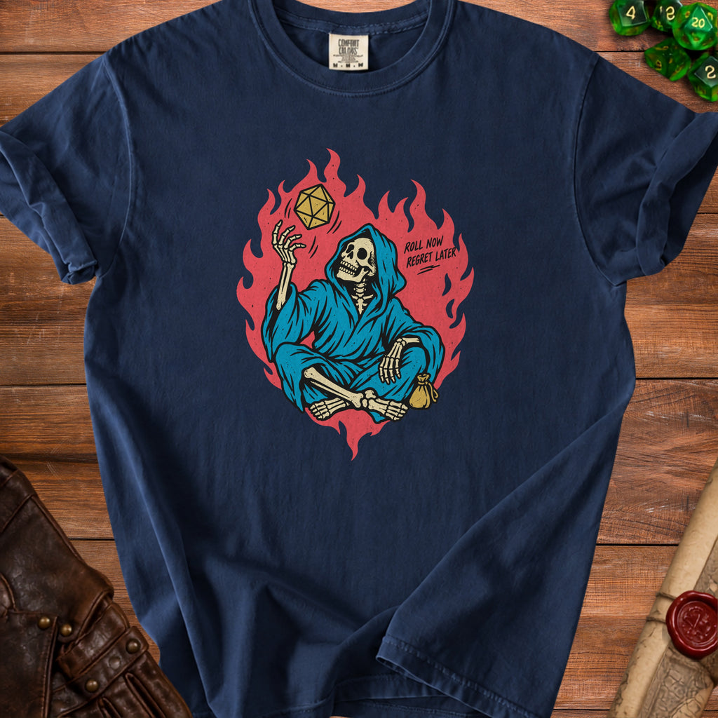 Skeleton in blue robe tossing a d20 dice with text "Roll Now Regret Later".