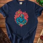 Skeleton in blue robe tossing a d20 dice with text "Roll Now Regret Later".