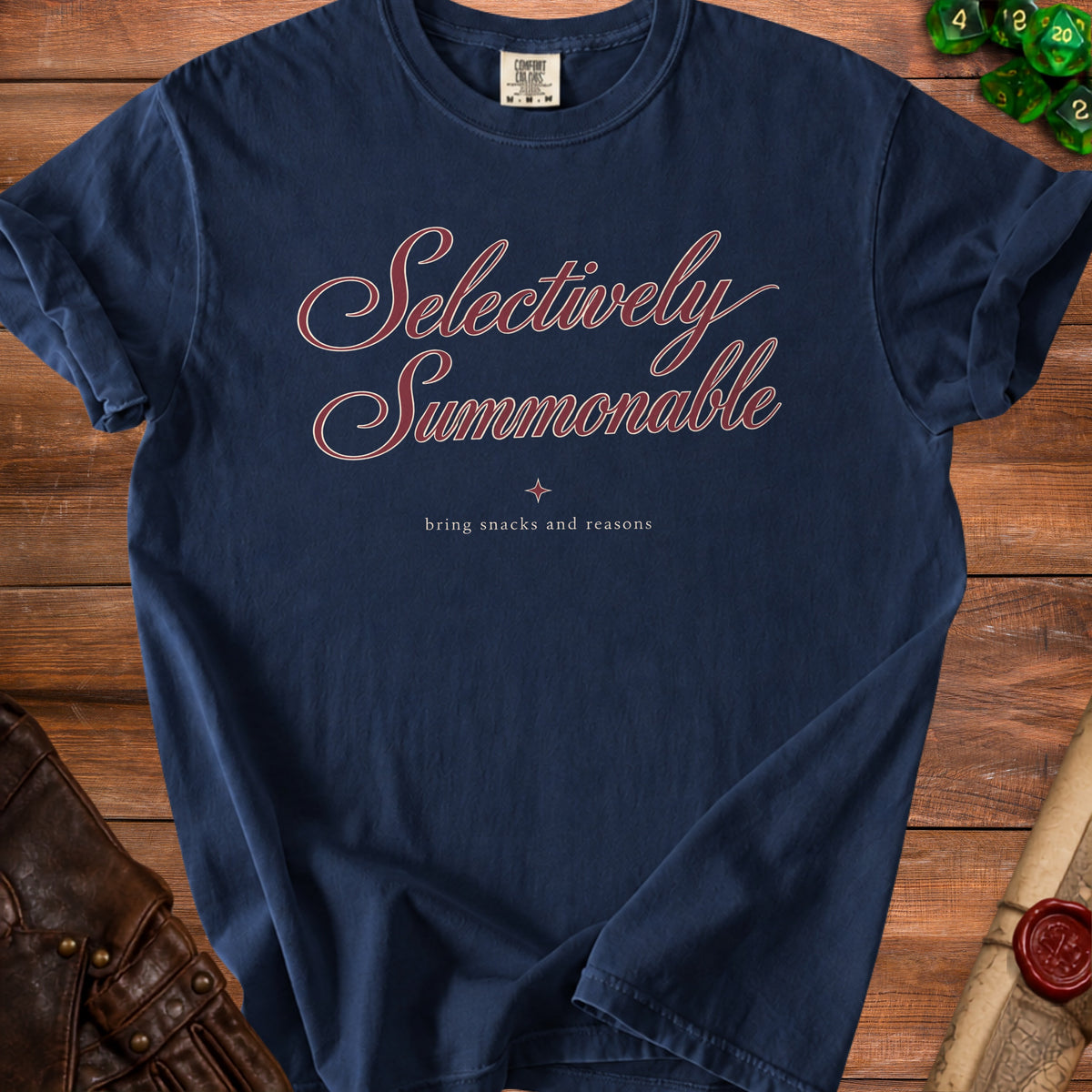 Navy t-shirt with "Selectively Summonable" and "bring snacks and reasons" text.