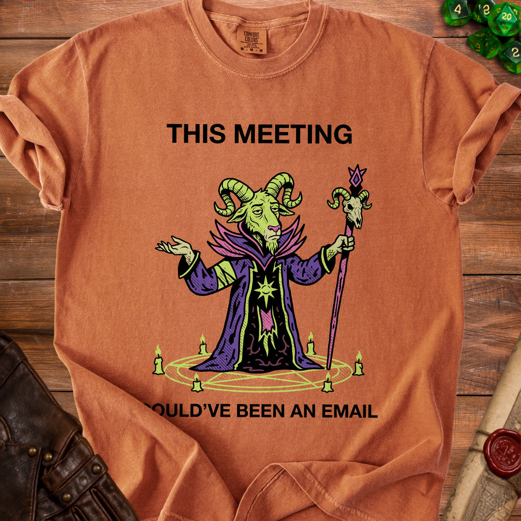 Orange t-shirt with goat wizard graphic and text "THIS MEETING SHOULD'VE BEEN AN EMAIL".