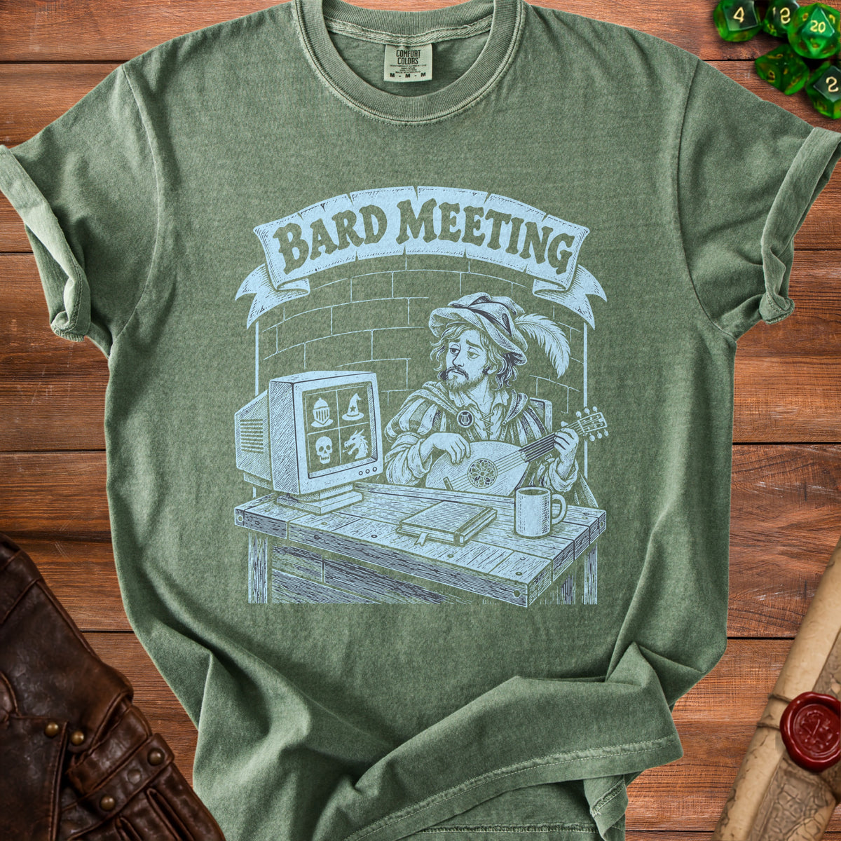 Green t-shirt with "Bard Meeting" text and illustration of a bard at a computer.