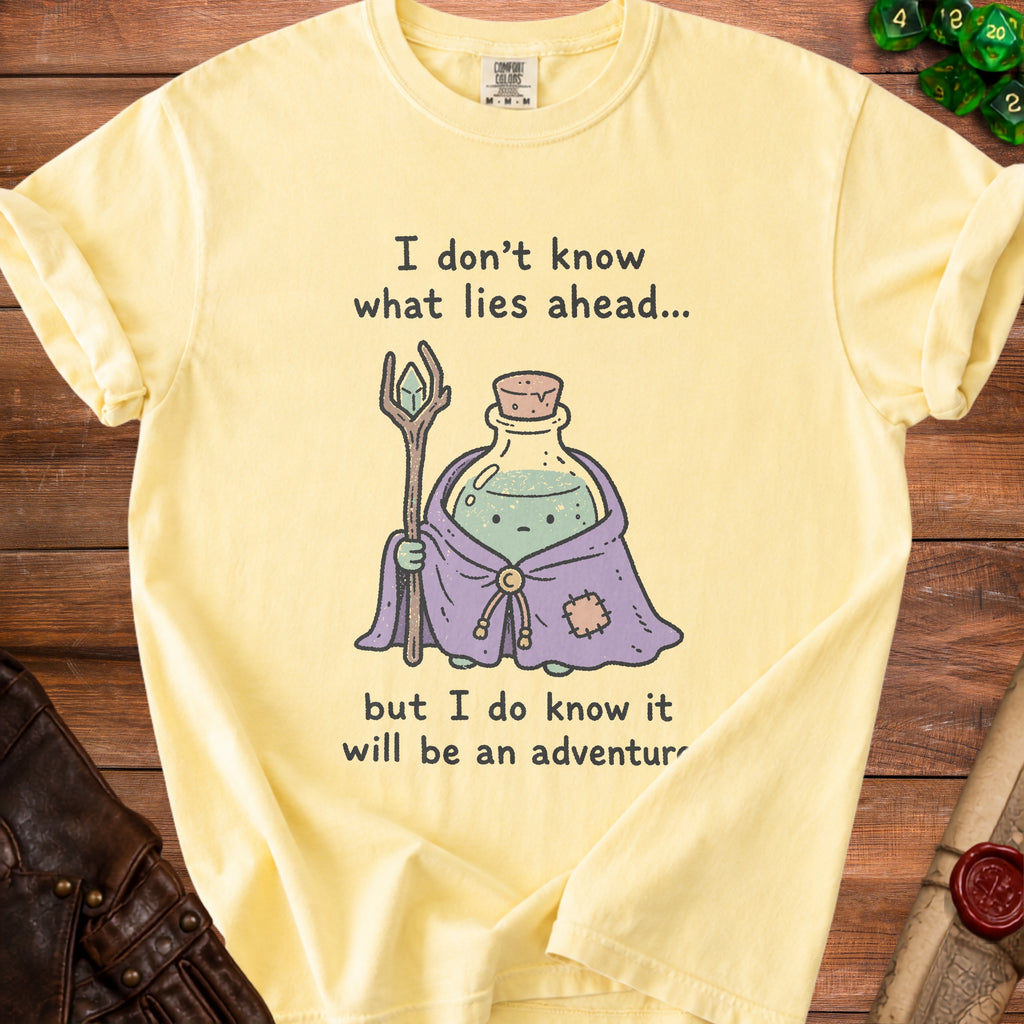 Yellow t-shirt with cartoon wizard, potion, and text "I don't know what lies ahead... but I do know it will be an adventur".