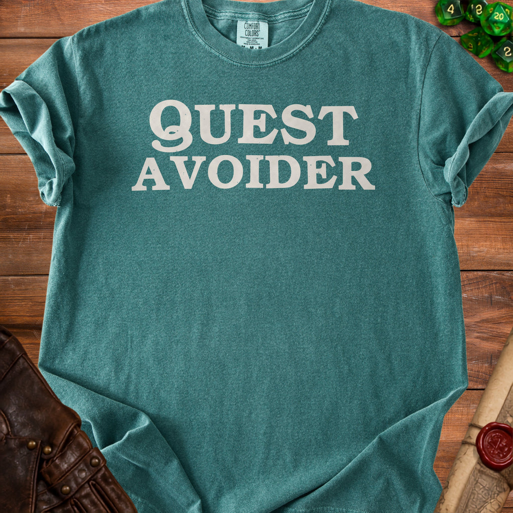 Teal t-shirt with white text "QUEST AVOIDER" and a Comfort Colors tag.