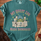 Green t-shirt with goblin holding scrolls and text "MY QUEST LOG NEEDS BOUNDARIES".