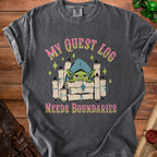 T-shirt graphic with text "My Quest Log Needs Boundaries" and a grumpy goblin.