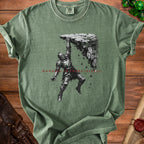 Green t-shirt with knight design and text "HANGING IN THERE (BARELY)".