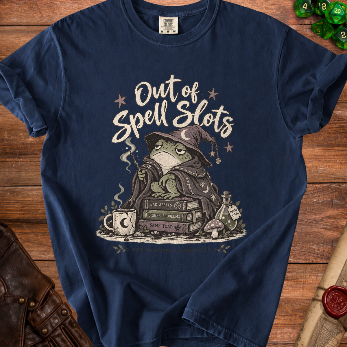 Frog wizard with text "Out of Spell Slots" and books labeled "Bad Spells", "Bigger Problems", "Same Toad".