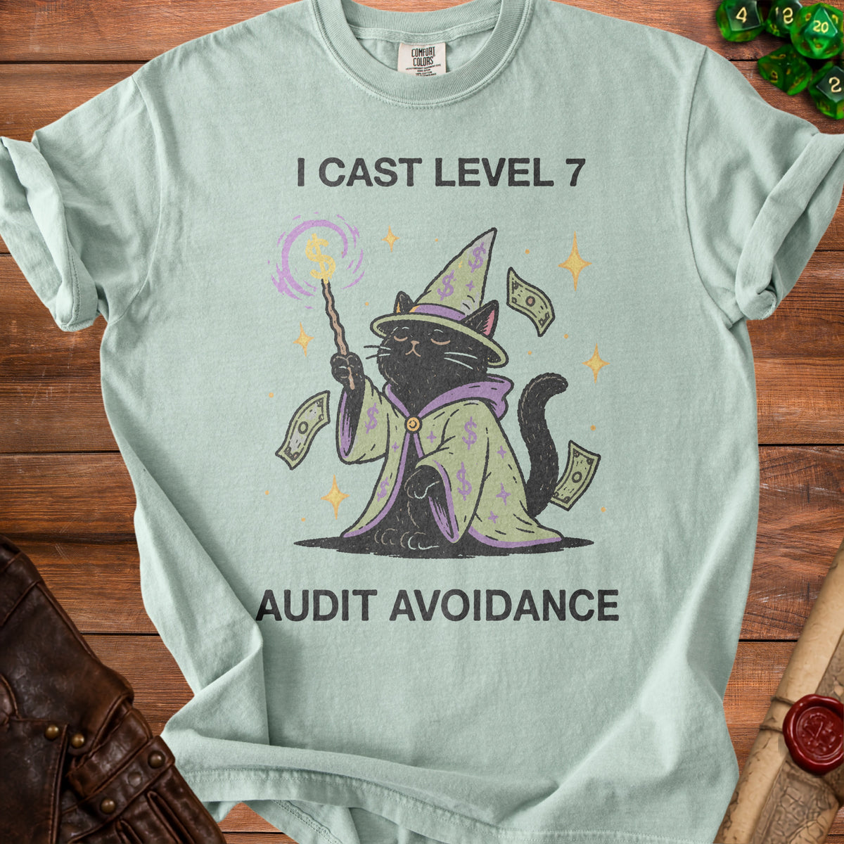 Black cat wizard shirt with text "I CAST LEVEL 7 AUDIT AVOIDANCE".