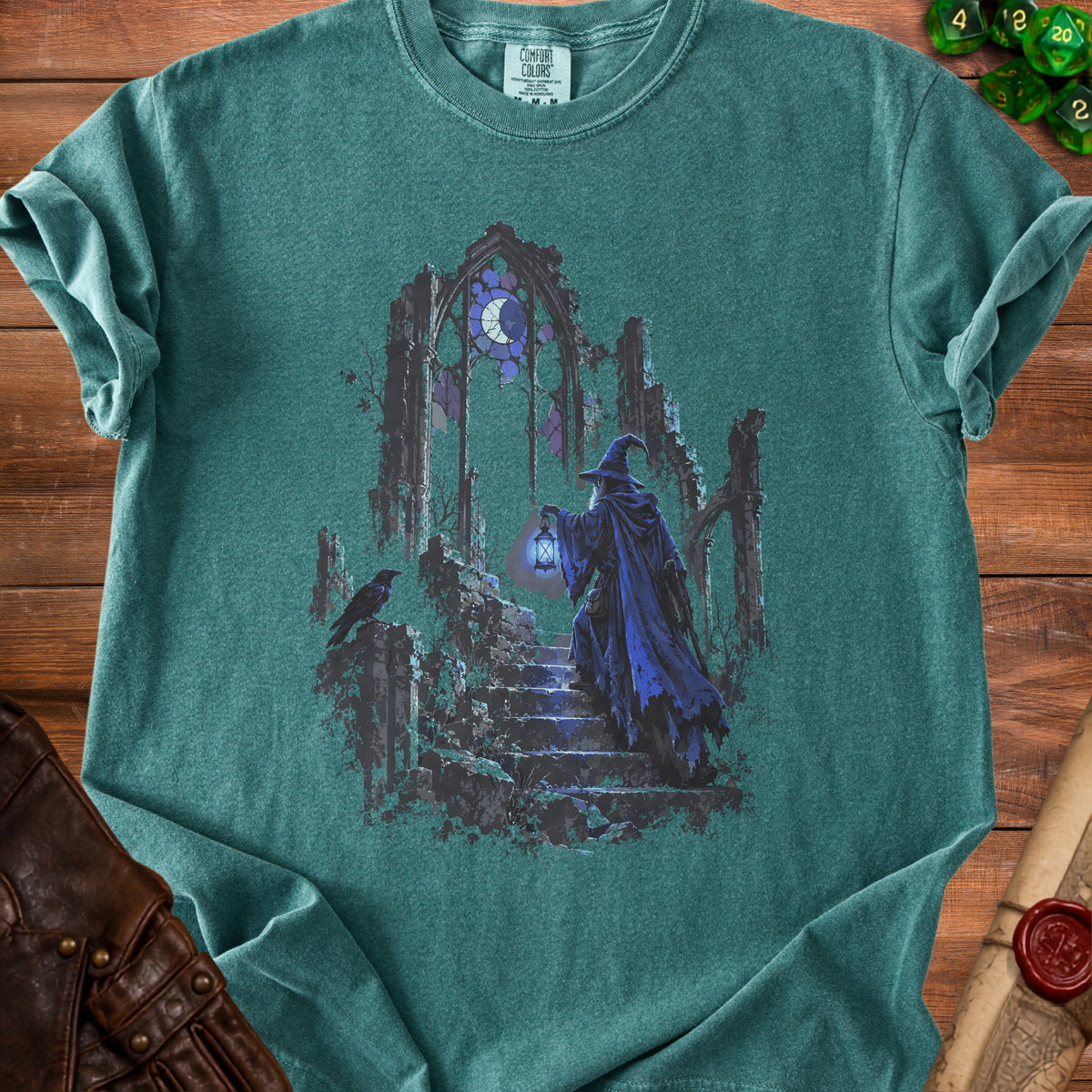 Wizard with lantern climbs stairs past raven before ruined gothic archway with crescent moon.