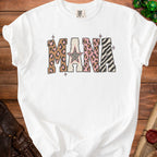 White t-shirt with "MANA" graphic featuring leopard, zebra, and star patterns.