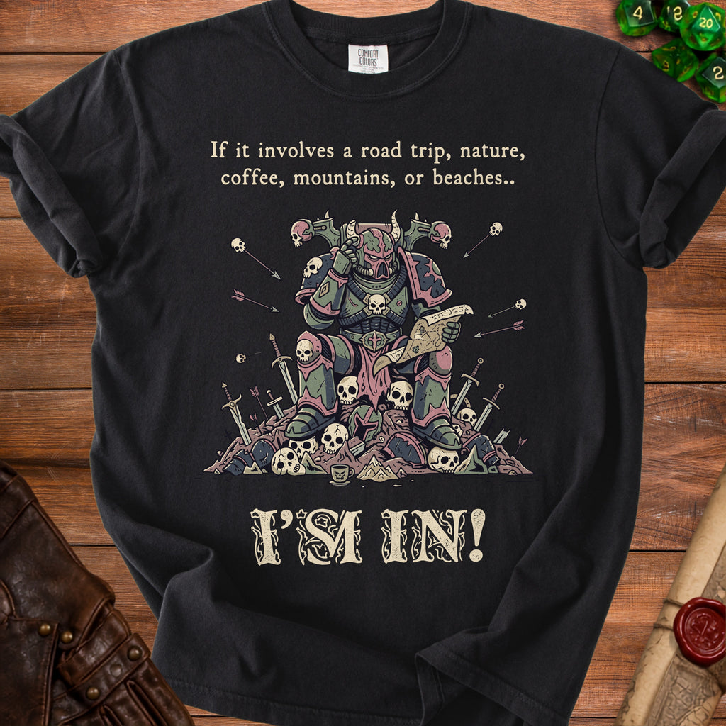 Black t-shirt with a warrior reading a map, surrounded by skulls and swords.