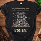 Black t-shirt with a warrior reading a map, surrounded by skulls and swords.