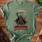 T-shirt with illustration of a skeletal warrior raising a sword, saying "I DECLARE BANKRUPTCY!".
