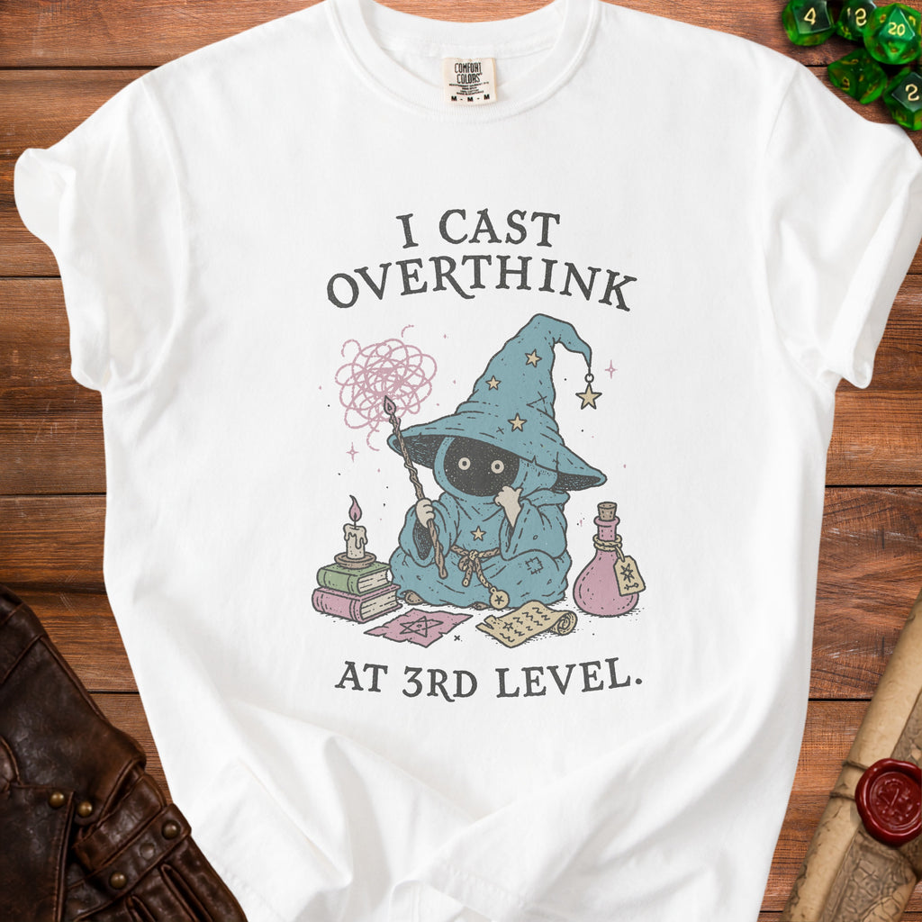 White t-shirt with "I Cast Overthink At 3rd Level" text and a wizard illustration.
