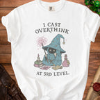 White t-shirt with "I Cast Overthink At 3rd Level" text and a wizard illustration.