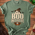 Green t-shirt with a ghost wearing a witch hat and text "BOO INITIATIVE" and a D20 die.