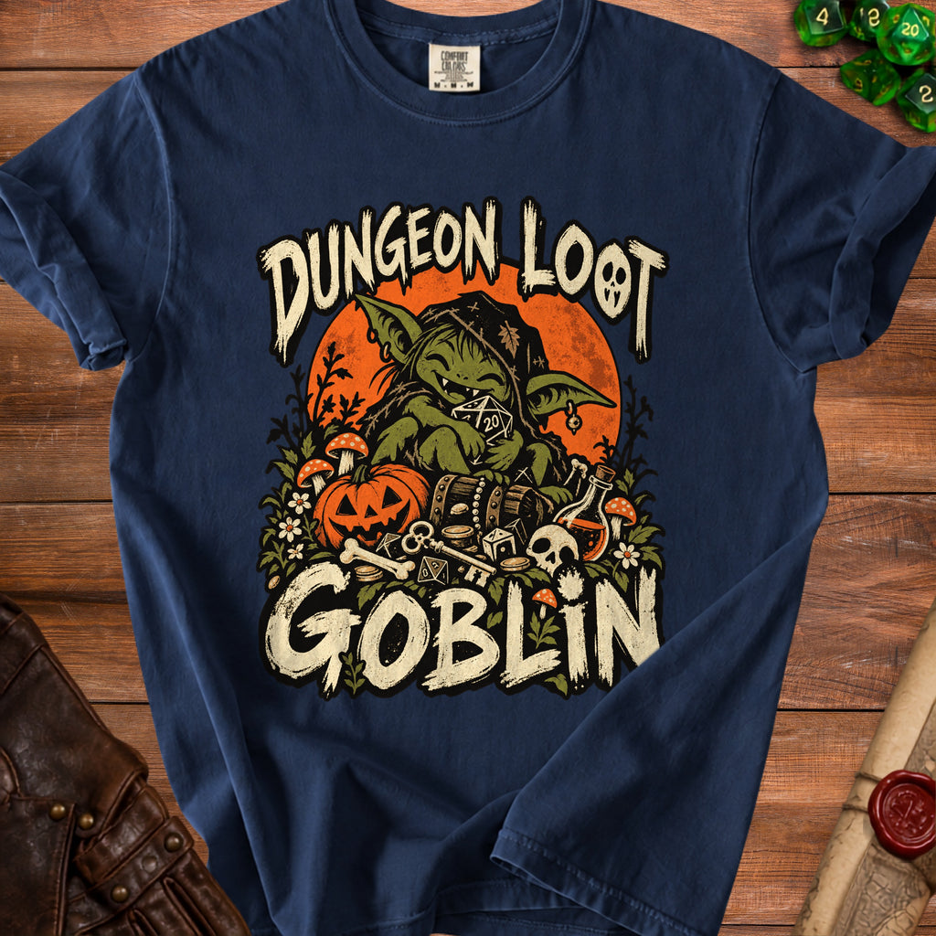 Navy t-shirt with "Dungeon Loot Goblin" text and a cartoon goblin.