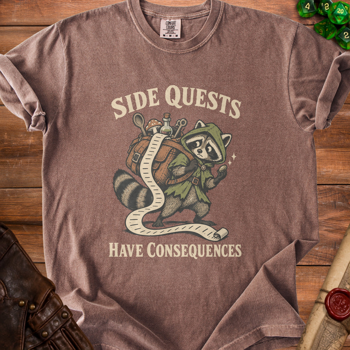 T-shirt with a raccoon carrying a long list, "Side Quests Have Consequences".