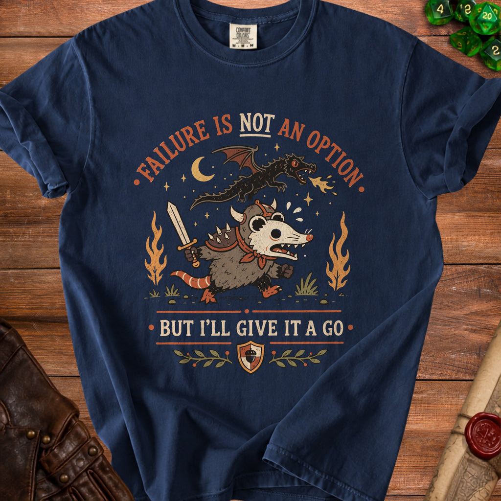 Navy t-shirt with opossum knight fighting dragon and text "Failure is not an option but I'll give it a go".