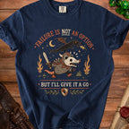 Navy t-shirt with opossum knight fighting dragon and text "Failure is not an option but I'll give it a go".