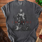 T-shirt with a graphic of a knight with arrows in his shield and the text "I'M FINE".