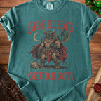 Green t-shirt with distressed graphic of a Viking warrior and text "SIDE QUESTS" and "STRANGER".