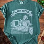 Paladin Support text above knight in armor at a desk with computer.