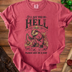 T-shirt with a badger character, skull, and text "I'll See You In Hell Please Save Me A Seat".