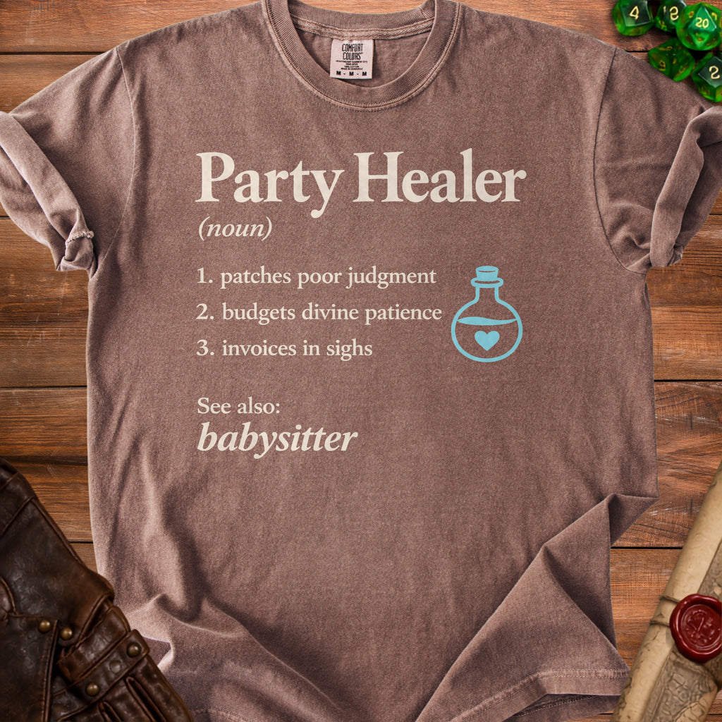 Brown t-shirt with "Party Healer (noun)" definition and light blue potion.