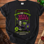 Skull character wearing headphones and holding potion, with text "Skill Issues."