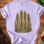 Fantasy forest scene with two figures and a jack-o'-lantern carved into a tree.