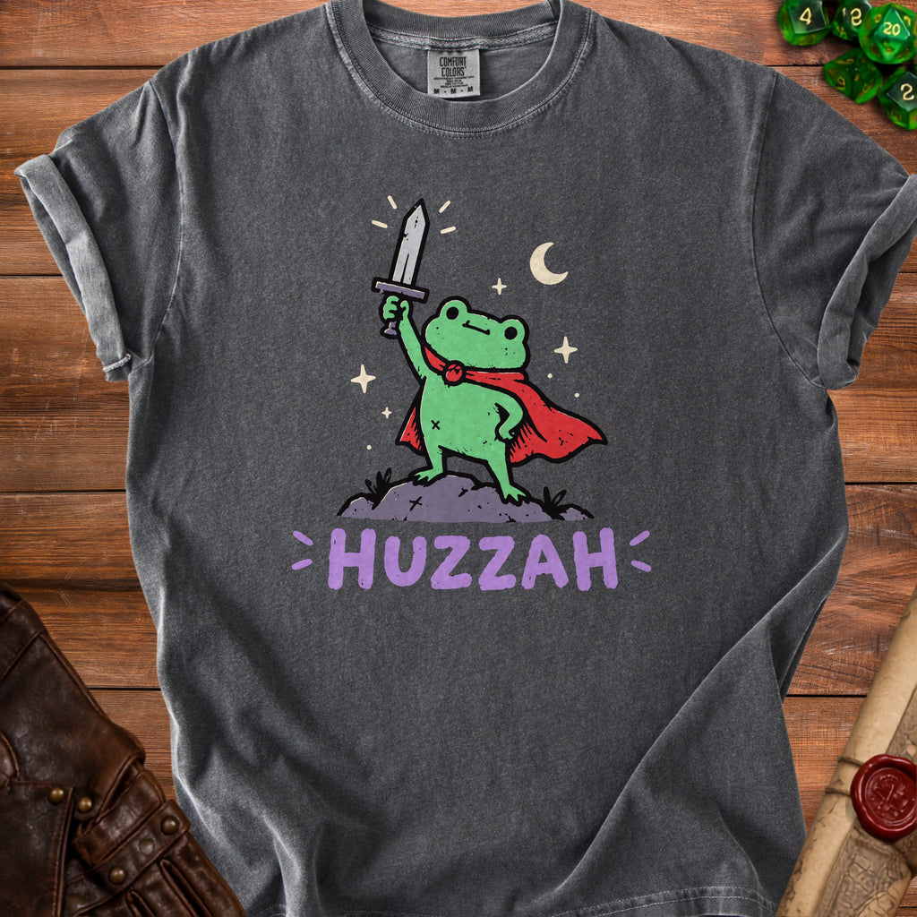 Frog in cape and helmet holding sword, with "HUZZAH" text.