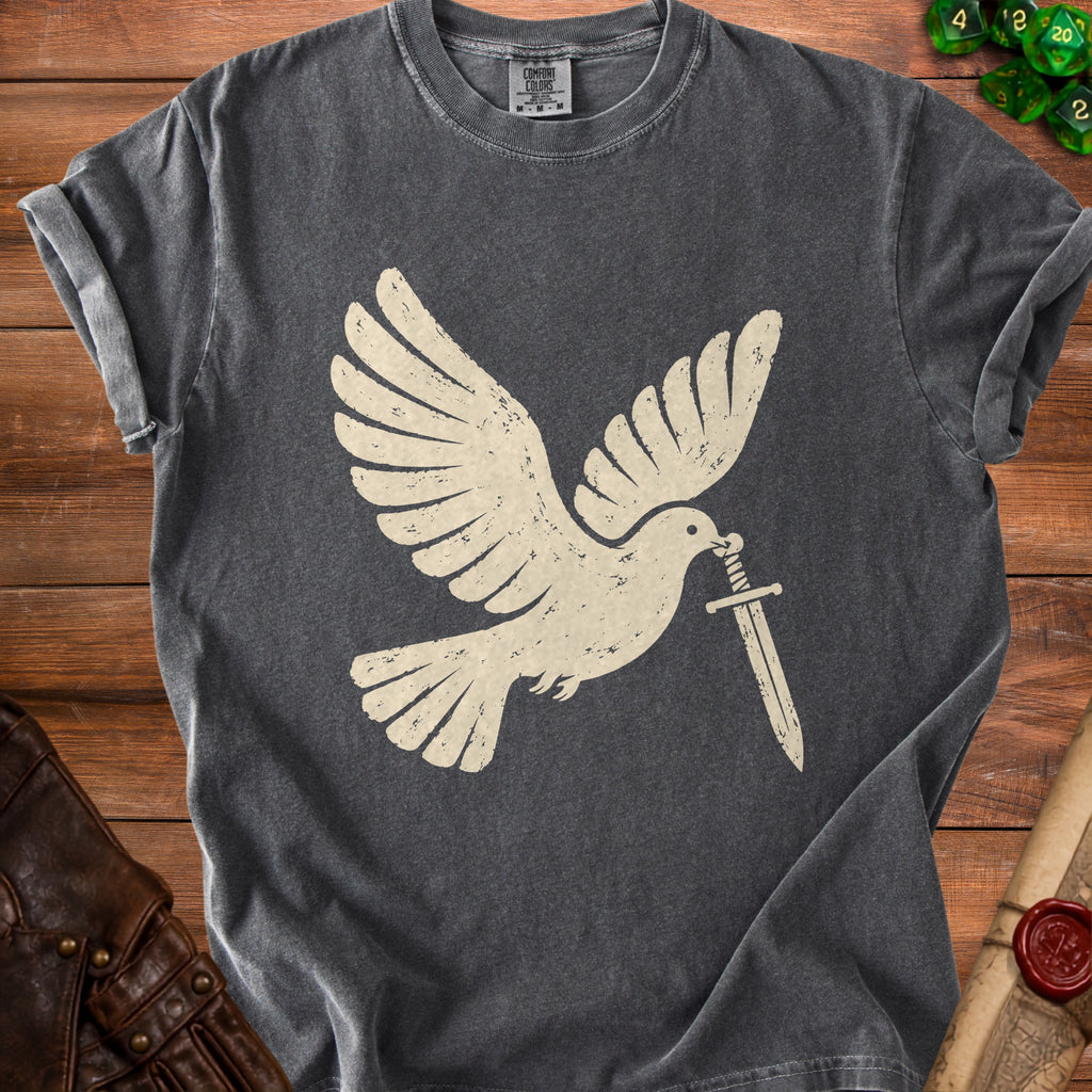 Dark gray t-shirt with a distressed cream-colored dove holding a sword in its beak.