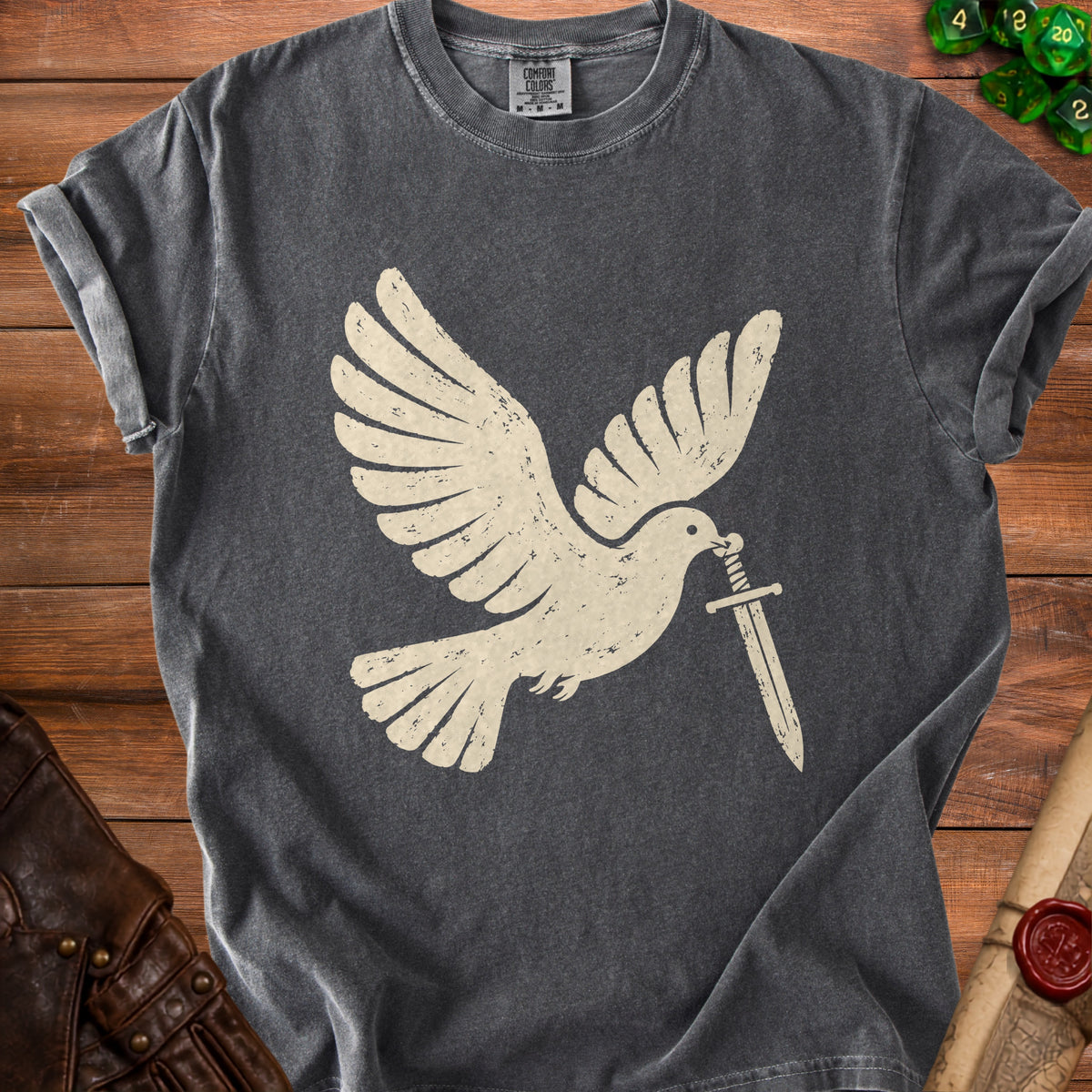 Dark gray t-shirt with a distressed cream-colored dove holding a sword in its beak.