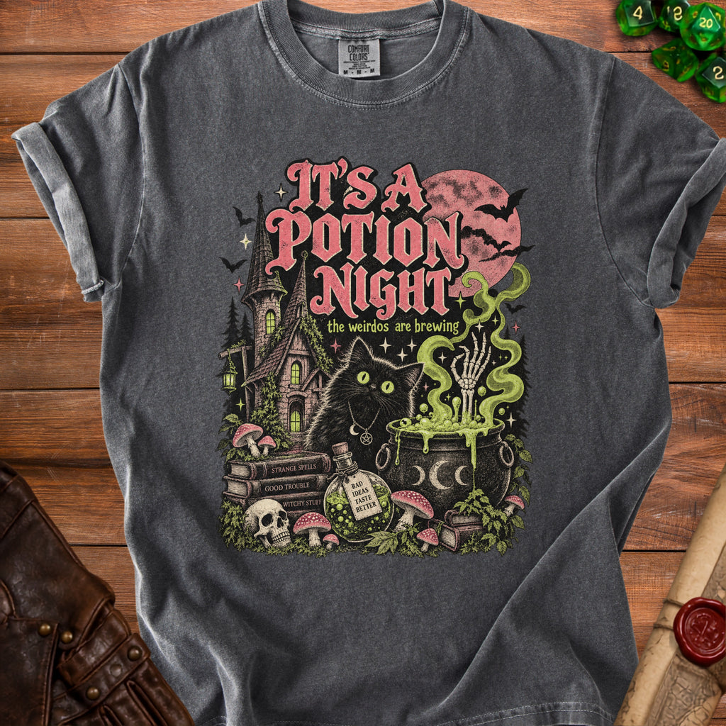 Dark gray t-shirt with "It's a Potion Night" and spooky Halloween graphic.