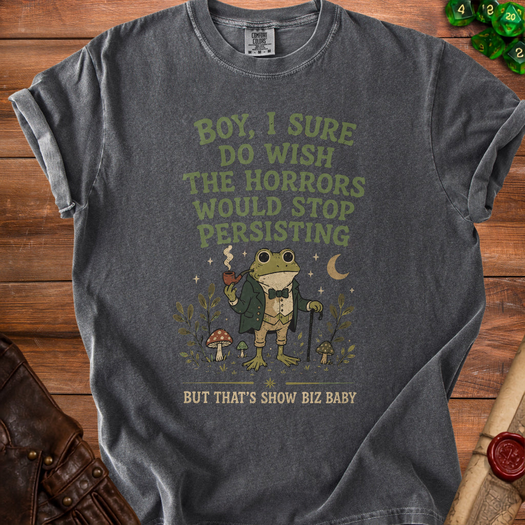 Dark grey t-shirt with a graphic of a frog in a suit smoking a pipe and text.