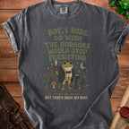 Dark grey t-shirt with a graphic of a frog in a suit smoking a pipe and text.