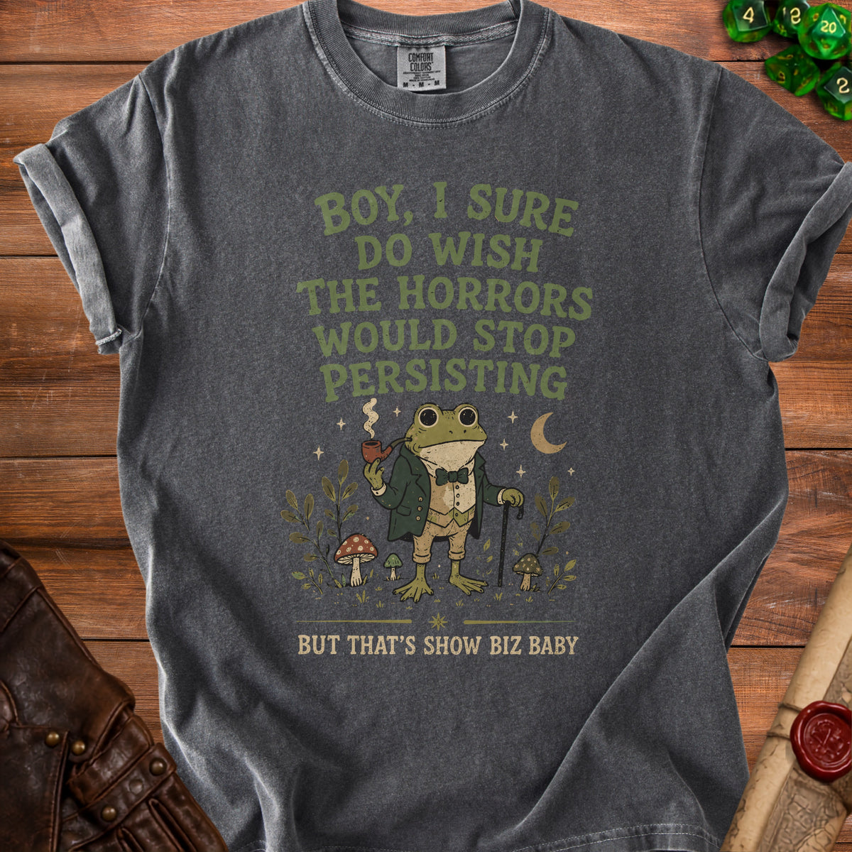 Dark grey t-shirt with a graphic of a frog in a suit smoking a pipe and text.