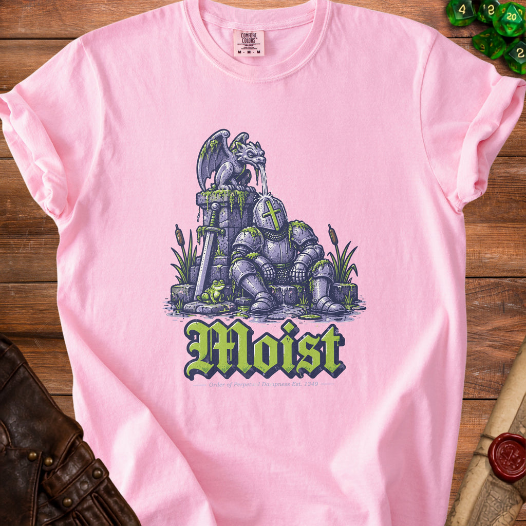 Pink t-shirt with illustration of a knight under a gargoyle fountain and the word "Moist".