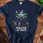 Navy t-shirt with a goblin puppet master and miniature adventurers, text "MASTER OF FATE".