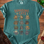 Dungeons & Cats t-shirt with illustrated cats as fantasy characters.