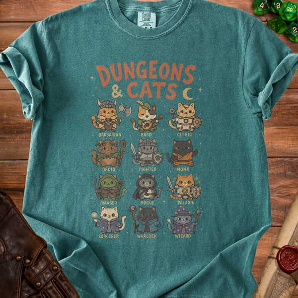 Dungeons & Cats Class Roster T-Shirt in Blue Spruce