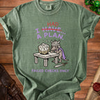Green t-shirt with a dragon character, dice, and text that reads "I HAD A PLAN... FAILED CHECKS ONLY."