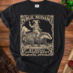 Black t-shirt with "Public Nuisance By Royal Appointment" text and jester riding badger design.