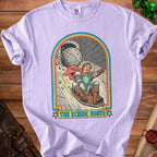 Knight on a sled escaping a rolling boulder, text "THE SCENIC ROUTE".